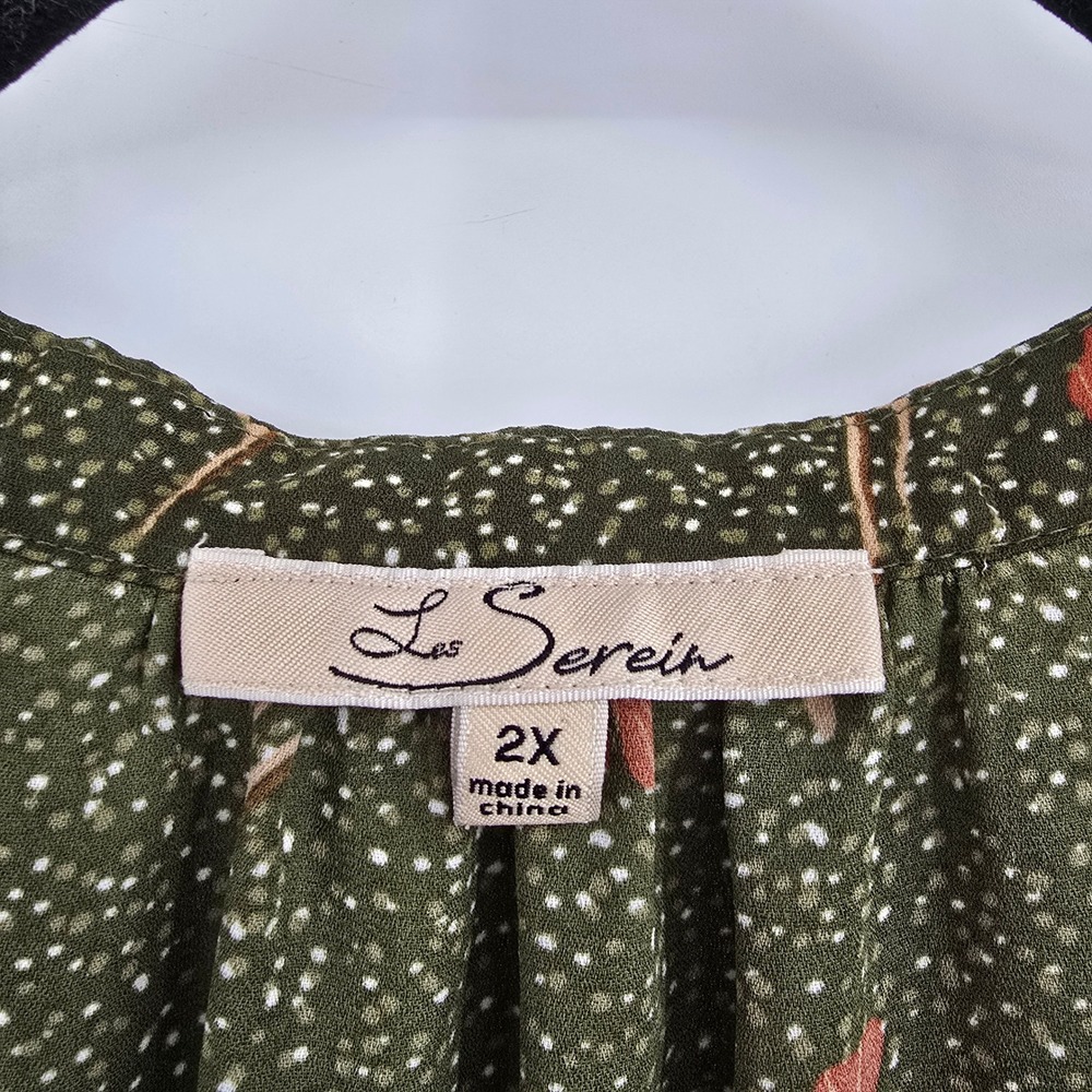 Les Serein Womens 2X Olive Green Floral Ruffle Cap Sleeve V-Neck Tie Blouse - Picture 6 of 10